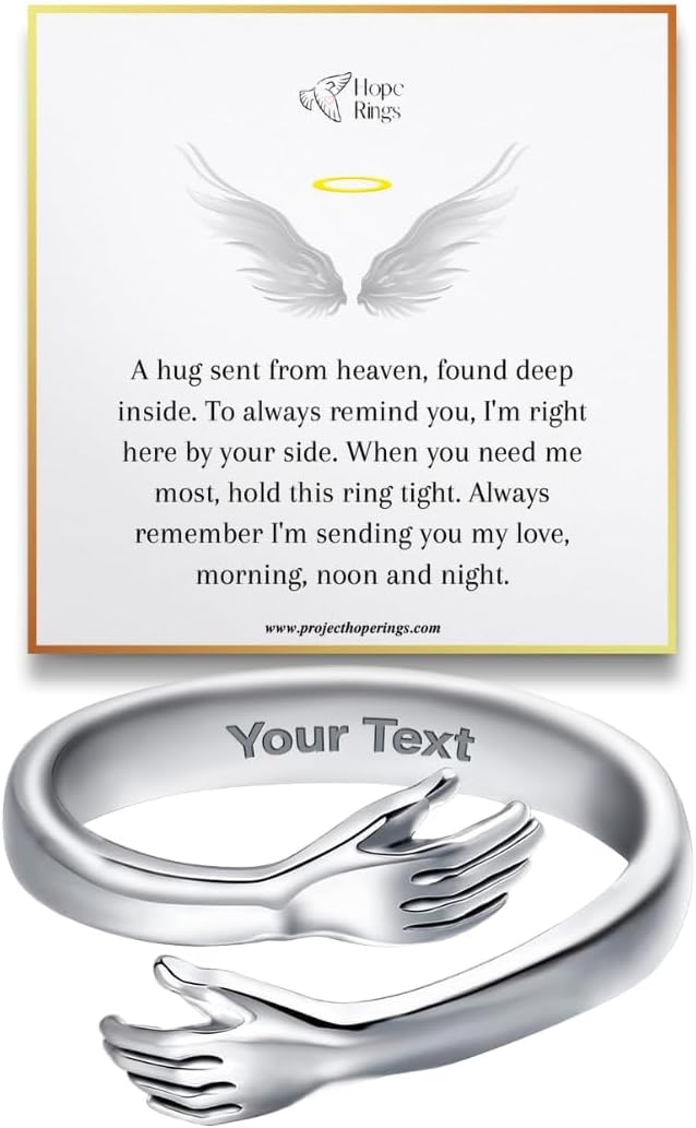 Hug From Heaven Ring - Handcrafted Stainless Steel Wrap Band with Hugging Hands, an Adjustable Keepsake for Men and Wome