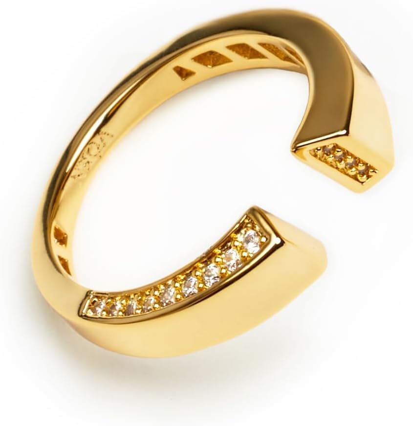 Women's Pave Zircon Open Cuff Ring - Gold Tone Stackable Minimalist Band, Waterproof and Non Tarnish for Everyday Wear -