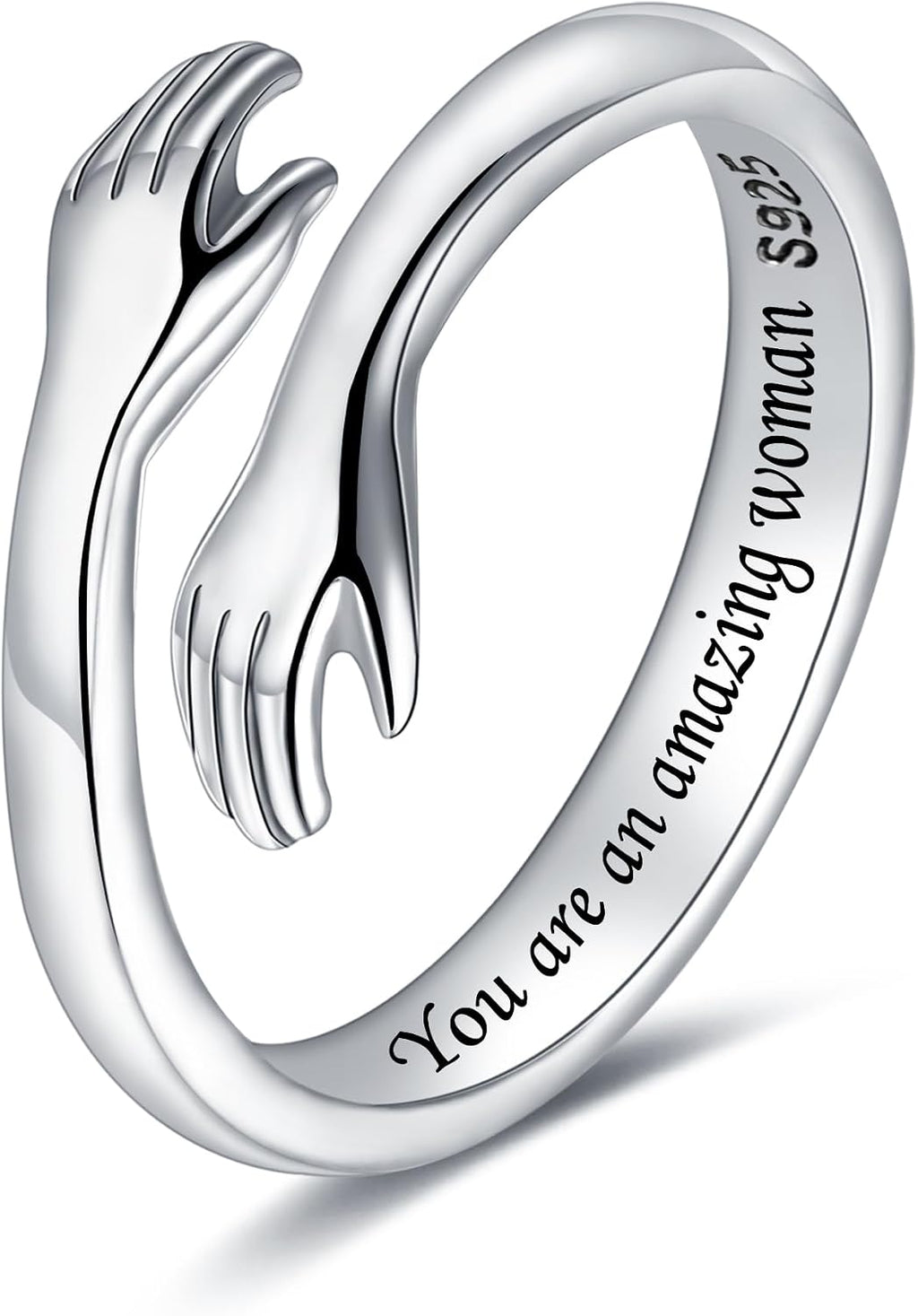 Women's 925 Sterling Silver Hug Ring - Adjustable Hands Band Engraved for Mom, Sister and Grandma in Sizes 6 to 8 - True
