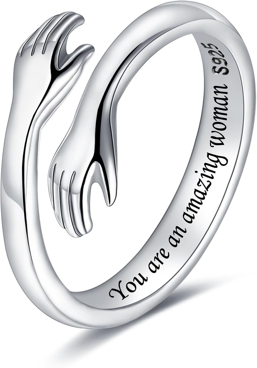 Women's 925 Sterling Silver Hug Ring - Adjustable Hands Band Engraved for Mom, Sister and Grandma in Sizes 6 to 8 - True