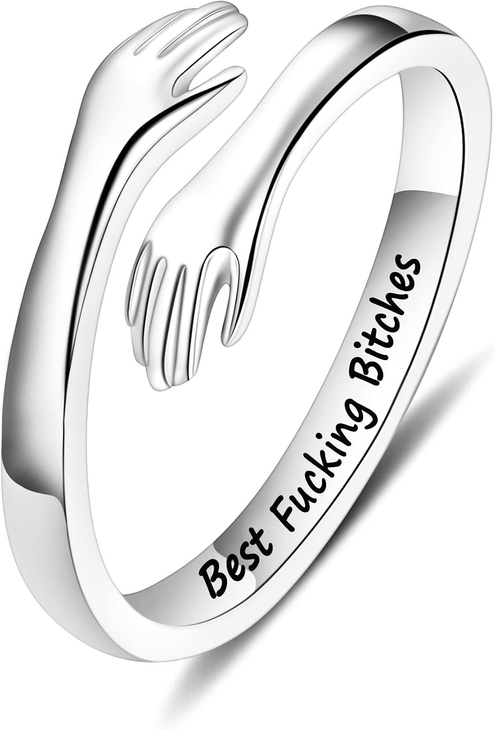 Women's 925 Sterling Silver Hug Ring - Adjustable Engraved Band with Hugging Hands for Mom, Sister and Teen Girls - Beca