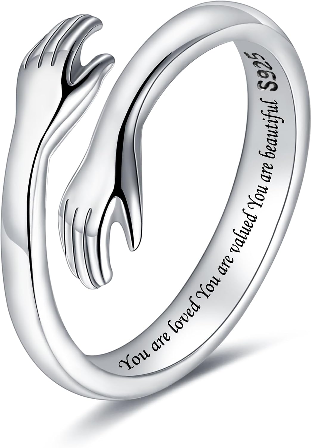 Women's 925 Sterling Silver Hug Ring - Adjustable Hands Band Engraved for Mom, Sister and Grandma in Sizes 6 to 8 - Ever