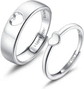 Couples Matching Ring Set - Two Piece 925 Sterling Silver Adjustable Heart Bands Engraved I Love You for Valentines Day 