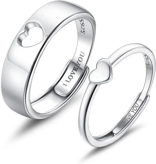 Couples Matching Ring Set - Two Piece 925 Sterling Silver Adjustable Heart Bands Engraved I Love You for Valentines Day 