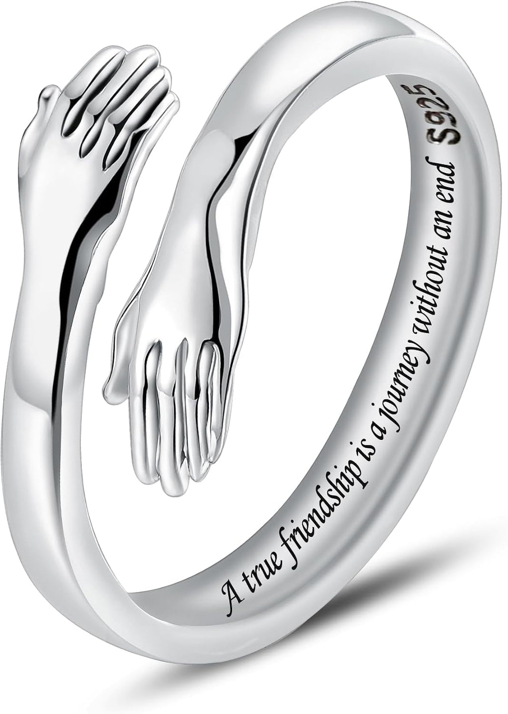 Women's 925 Sterling Silver Hug Ring - Adjustable Hands Band Engraved for Mom, Sister and Grandma in Sizes 6 to 8