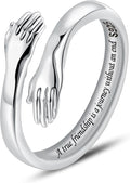 Women's 925 Sterling Silver Hug Ring - Adjustable Hands Band Engraved for Mom, Sister and Grandma in Sizes 6 to 8