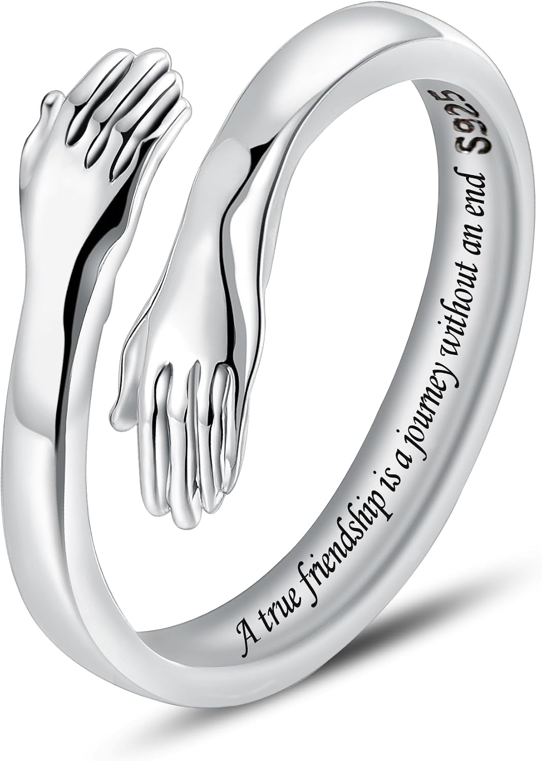 Women's 925 Sterling Silver Hug Ring - Adjustable Hands Band Engraved for Mom, Sister and Grandma in Sizes 6 to 8
