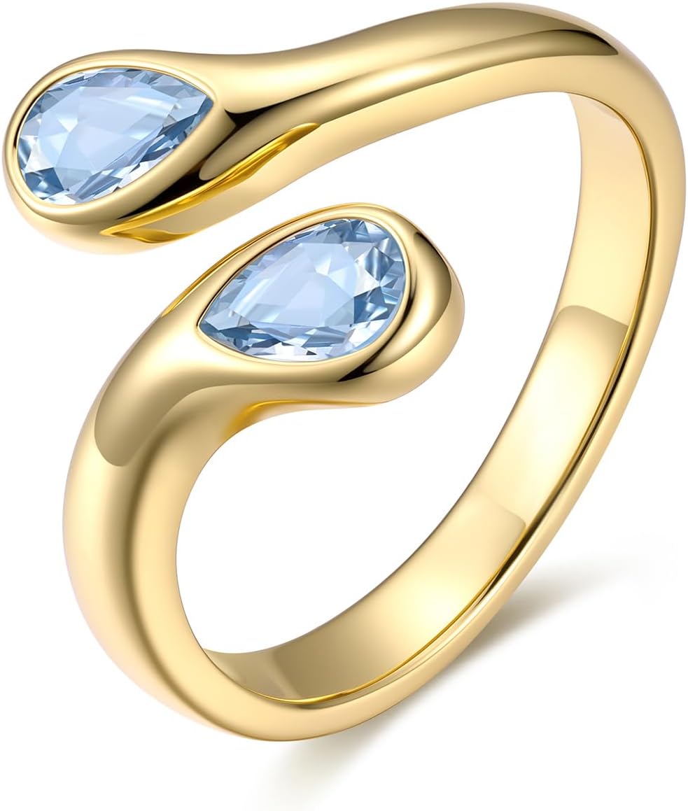 Women's Sterling Silver Birthstone Teardrop Ring - Open Adjustable Toi et Moi Band with a Monthly Stone for Promise Gift