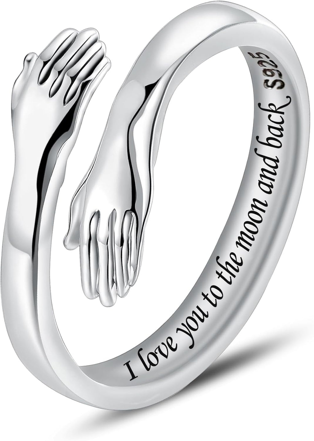 Women's 925 Sterling Silver Hug Ring - Adjustable Hands Band Engraved for Mom, Sister and Grandma in Sizes 6 to 8 - Beli