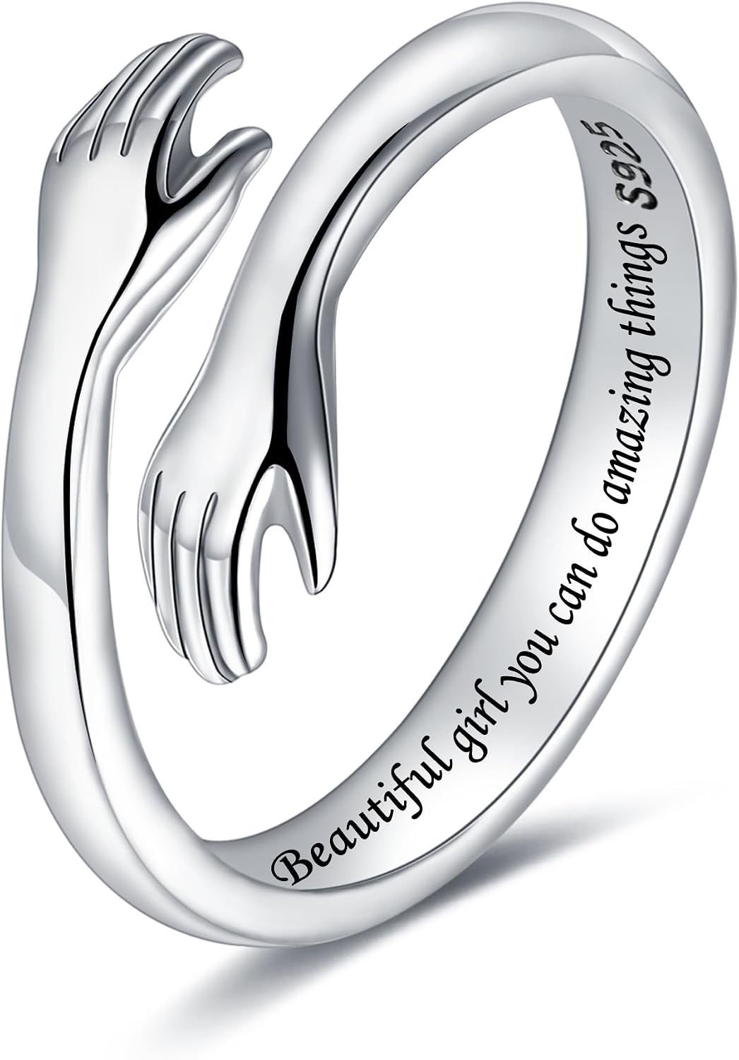 Women's 925 Sterling Silver Hug Ring - Adjustable Hands Band Engraved for Mom, Sister and Grandma in Sizes 6 to 8 - Gold