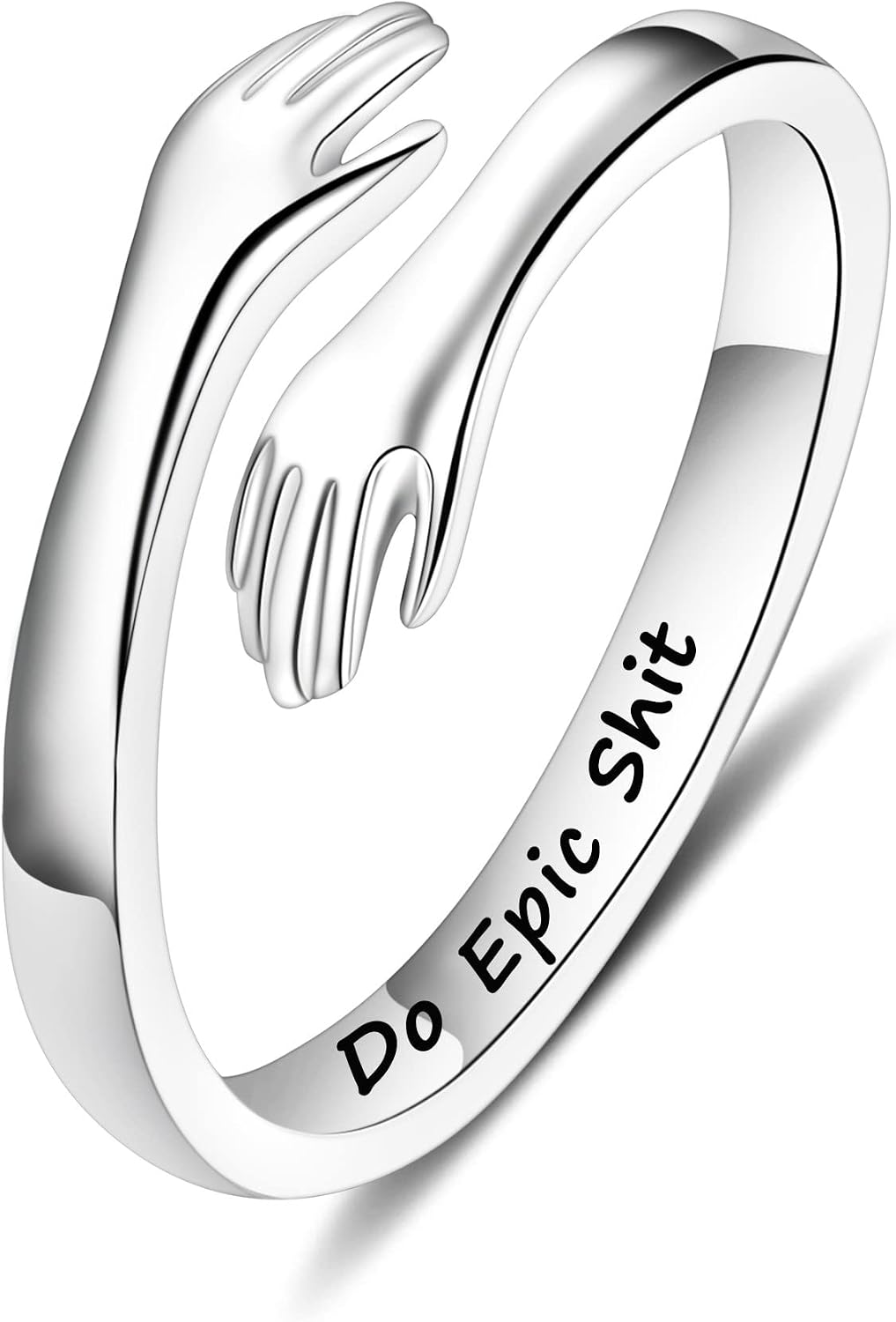 Women's 925 Sterling Silver Hug Ring - Adjustable Engraved Band with Hugging Hands for Mom, Sister and Teen Girls