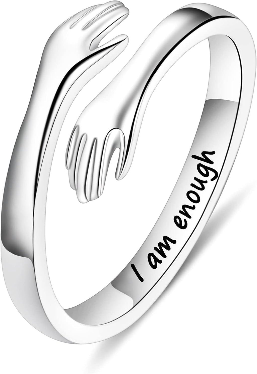 Women's 925 Sterling Silver Hug Ring - Adjustable Engraved Band with Hugging Hands for Mom, Sister and Teen Girls - Beli