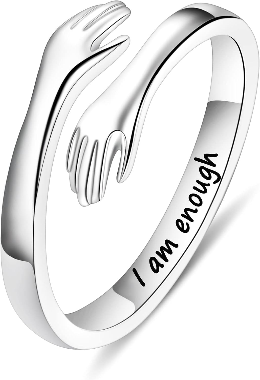 Women's 925 Sterling Silver Hug Ring - Adjustable Engraved Band with Hugging Hands for Mom, Sister and Teen Girls - Beli