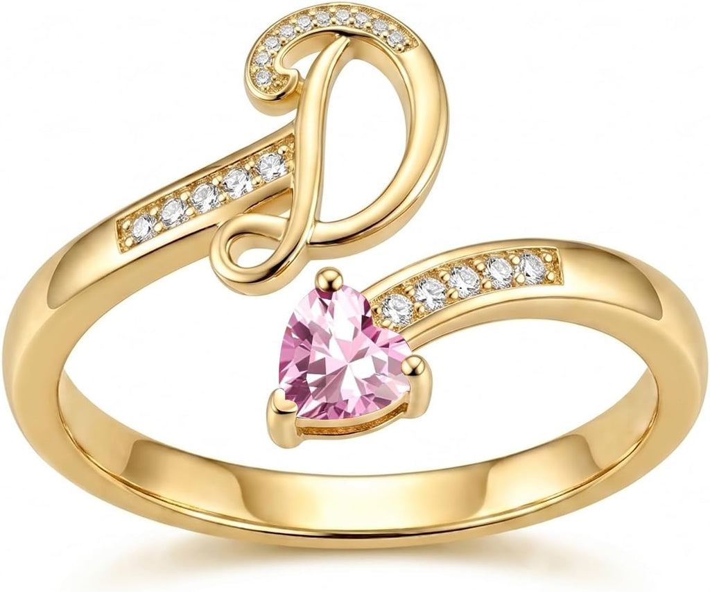 Women's 18K Gold Plated Initial Birthstone Ring - Adjustable A to Z Letter Band with a Monthly Stone in Sizes 6 to 8 - G