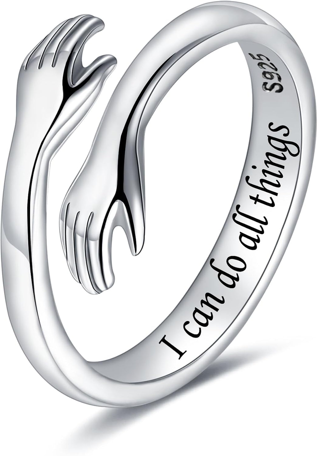 Women's 925 Sterling Silver Hug Ring - Adjustable Hands Band Engraved for Mom, Sister and Grandma in Sizes 6 to 8 - Do n