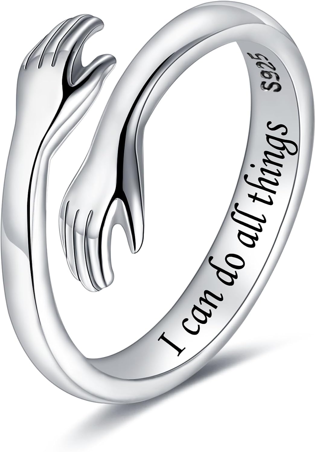 Women's 925 Sterling Silver Hug Ring - Adjustable Hands Band Engraved for Mom, Sister and Grandma in Sizes 6 to 8 - Do n