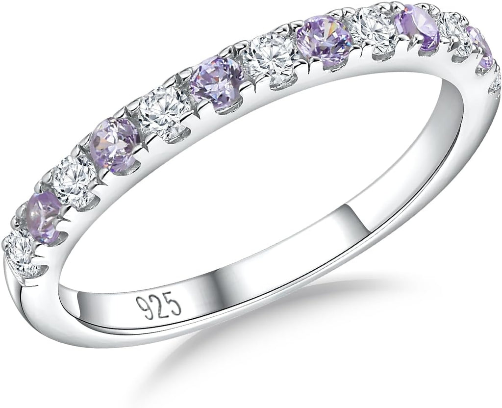 Women's Birthstone Half Eternity Band - 925 Sterling Silver 2.7 mm Ring with Created Gemstones in Sizes 6 to 10 - Amethy