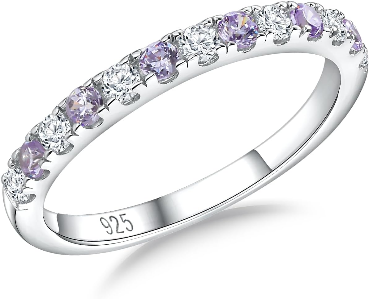 Women's Birthstone Half Eternity Band - 925 Sterling Silver 2.7 mm Ring with Created Gemstones in Sizes 6 to 10 - Amethy