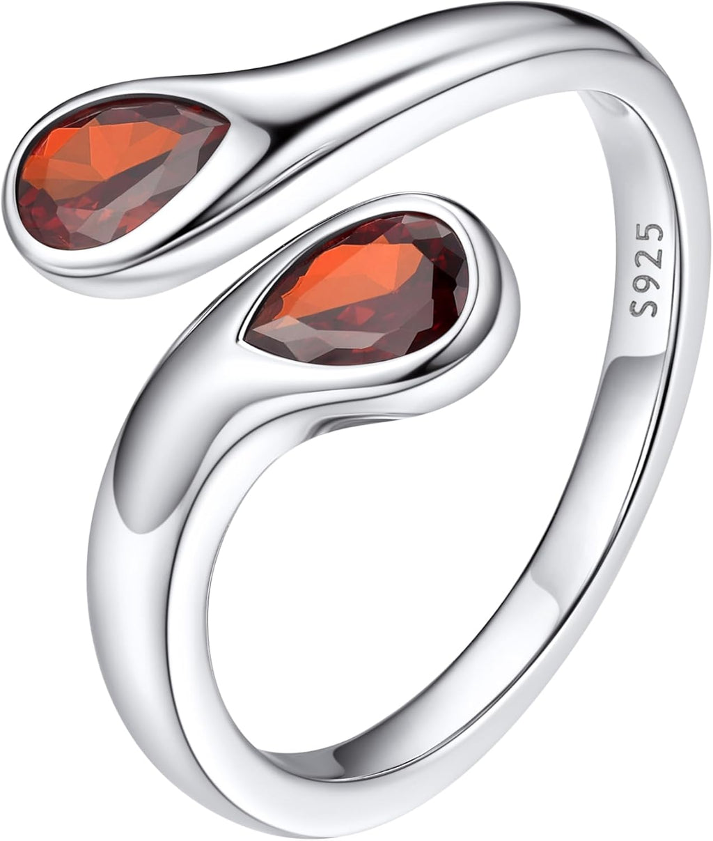 Women's Sterling Silver Birthstone Teardrop Ring - Open Adjustable Toi et Moi Band with a Monthly Stone for Promise Gift