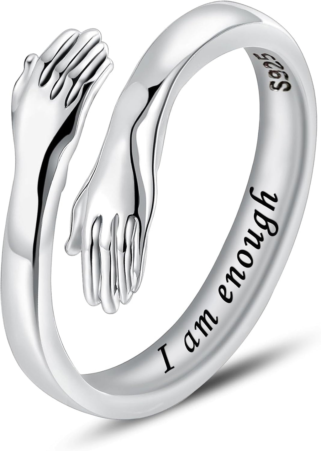 Women's 925 Sterling Silver Hug Ring - Adjustable Hands Band Engraved for Mom, Sister and Grandma in Sizes 6 to 8 - Beli