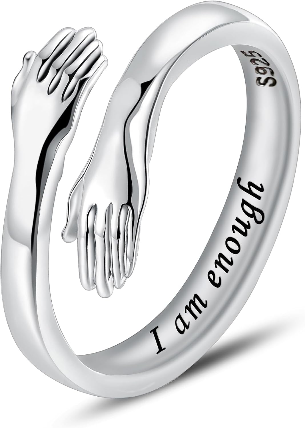 Women's 925 Sterling Silver Hug Ring - Adjustable Hands Band Engraved for Mom, Sister and Grandma in Sizes 6 to 8 - Beli