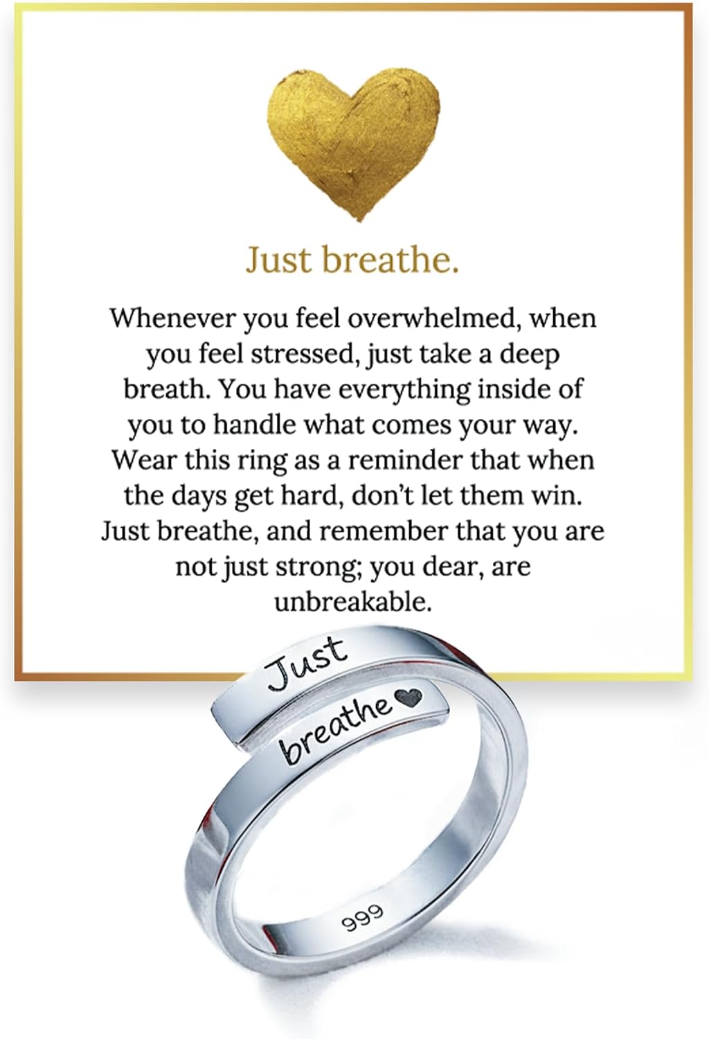 Women's Just Breathe Ring - 999 Pure Silver and Stainless Steel Adjustable Band for Grief, Comfort and Quiet Reminders -