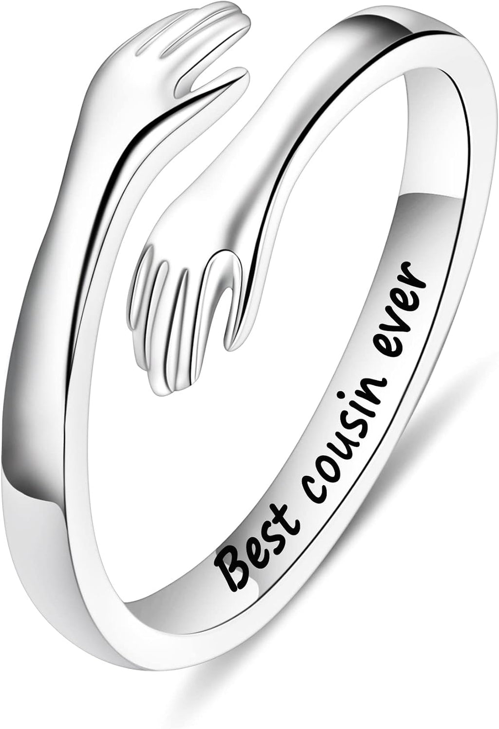 Women's 925 Sterling Silver Hug Ring - Adjustable Engraved Band with Hugging Hands for Mom, Sister and Teen Girls