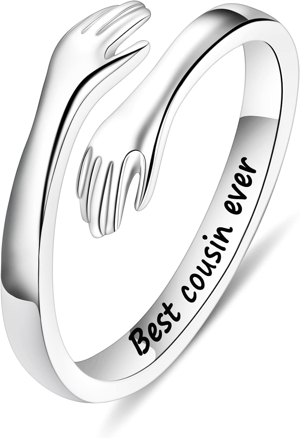 Women's 925 Sterling Silver Hug Ring - Adjustable Engraved Band with Hugging Hands for Mom, Sister and Teen Girls