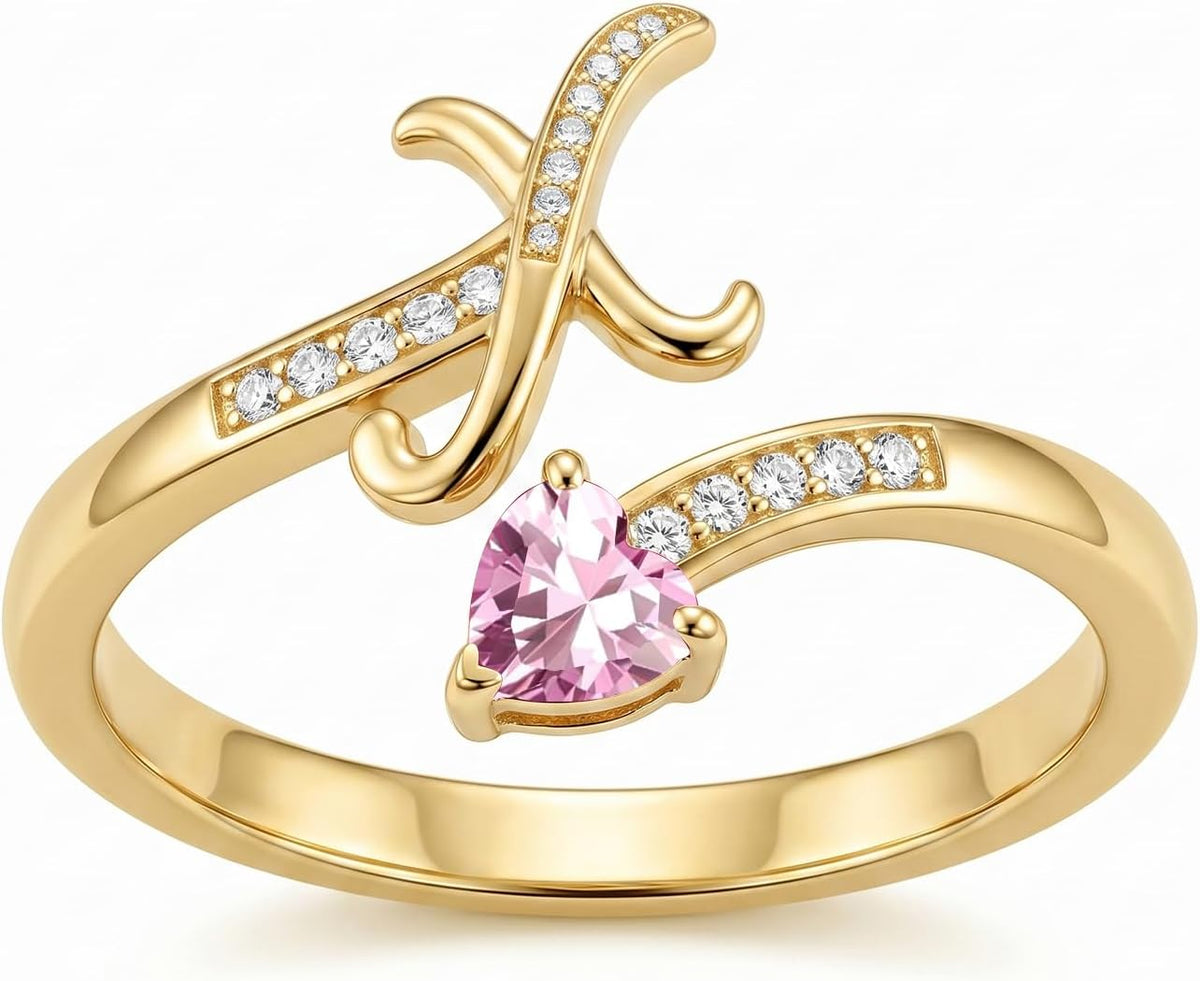 Women's 18K Gold Plated Initial Birthstone Ring - Adjustable A to Z Letter Band with a Monthly Stone in Sizes 6 to 8 - G