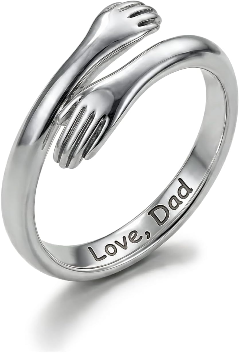 Dad and Daughter Hug Ring - Adjustable Stainless Steel Band with Two Hugging Hands for a Father and Daughter Keepsake - 