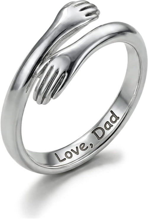 Dad and Daughter Hug Ring - Adjustable Stainless Steel Band with Two Hugging Hands for a Father and Daughter Keepsake - 