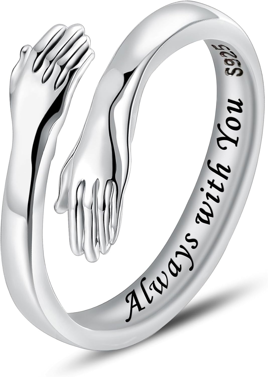 Women's 925 Sterling Silver Hug Ring - Adjustable Hands Band Engraved for Mom, Sister and Grandma in Sizes 6 to 8 - Beli