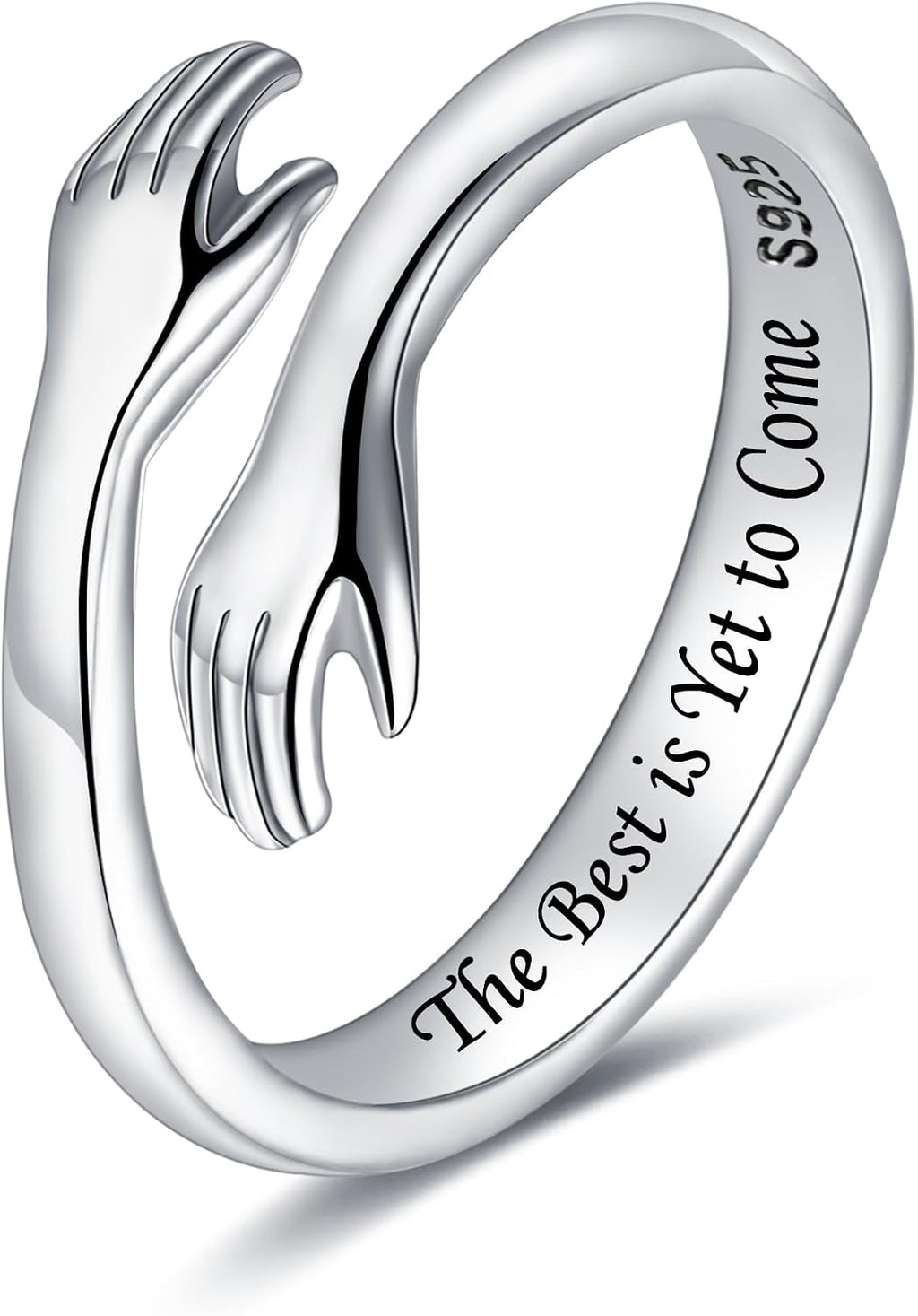 Women's 925 Sterling Silver Hug Ring - Adjustable Hands Band Engraved for Mom, Sister and Grandma in Sizes 6 to 8 - Ever