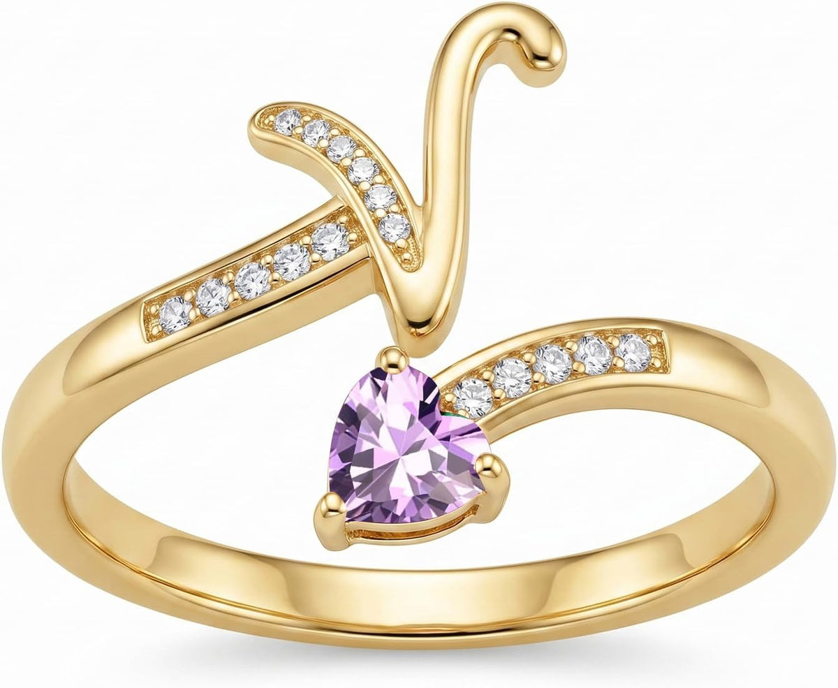Women's 18K Gold Plated Initial Birthstone Ring - Adjustable A to Z Letter Band with a Monthly Stone in Sizes 6 to 8 - G