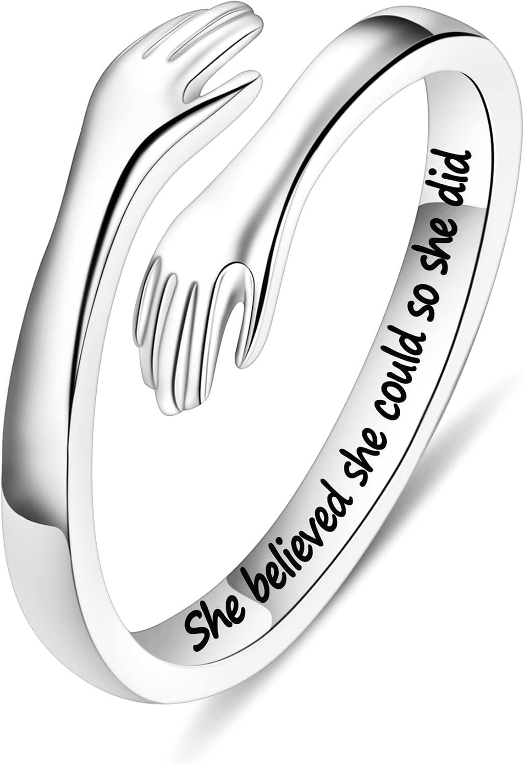 Women's 925 Sterling Silver Hug Ring - Adjustable Engraved Band with Hugging Hands for Mom, Sister and Teen Girls - Best