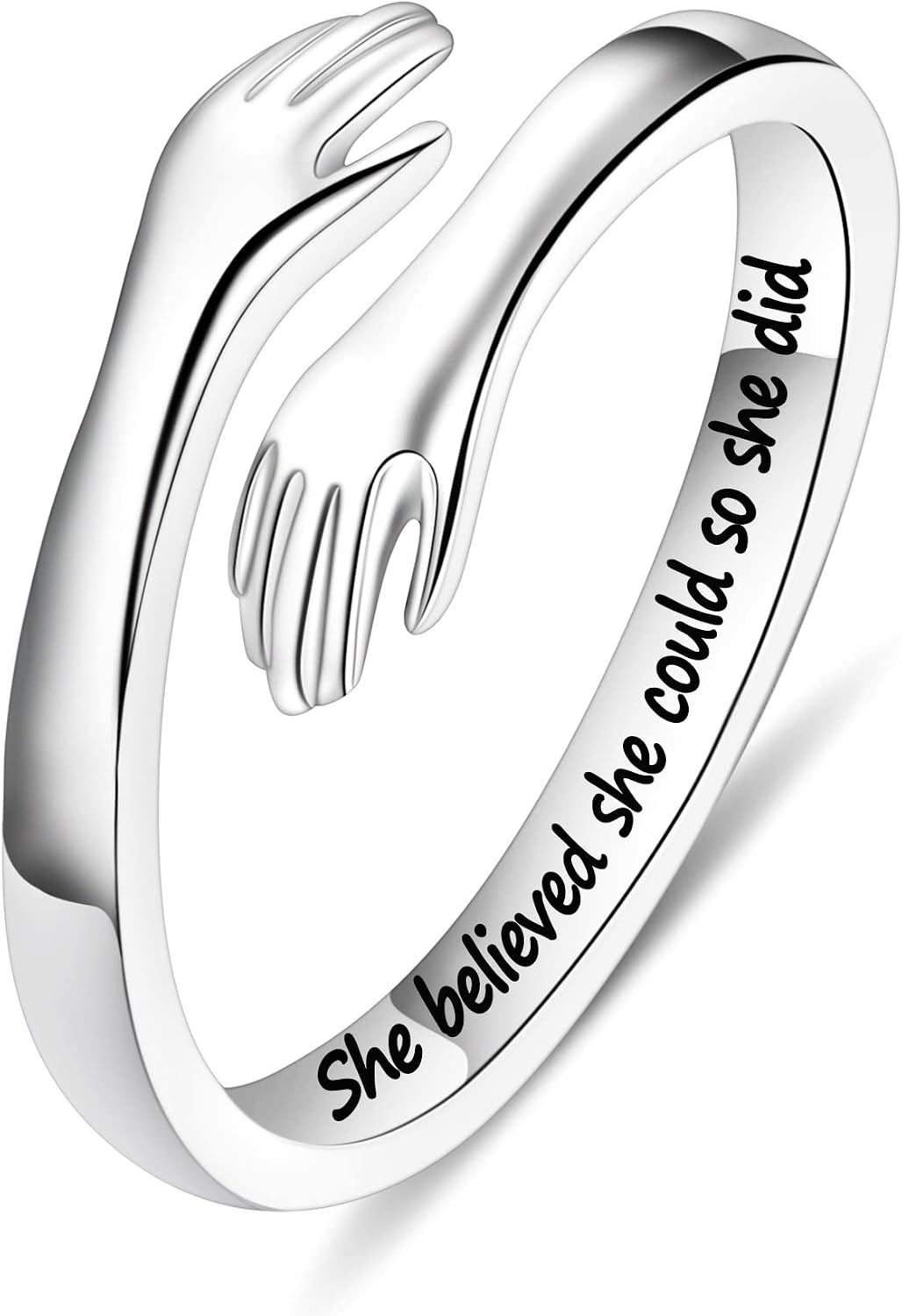 Women's 925 Sterling Silver Hug Ring - Adjustable Engraved Band with Hugging Hands for Mom, Sister and Teen Girls - Best
