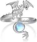 Women's Dragon Ring - 925 Sterling Silver Adjustable Band Wrapping a Moonstone, with Carved Scales and Claws - Standard