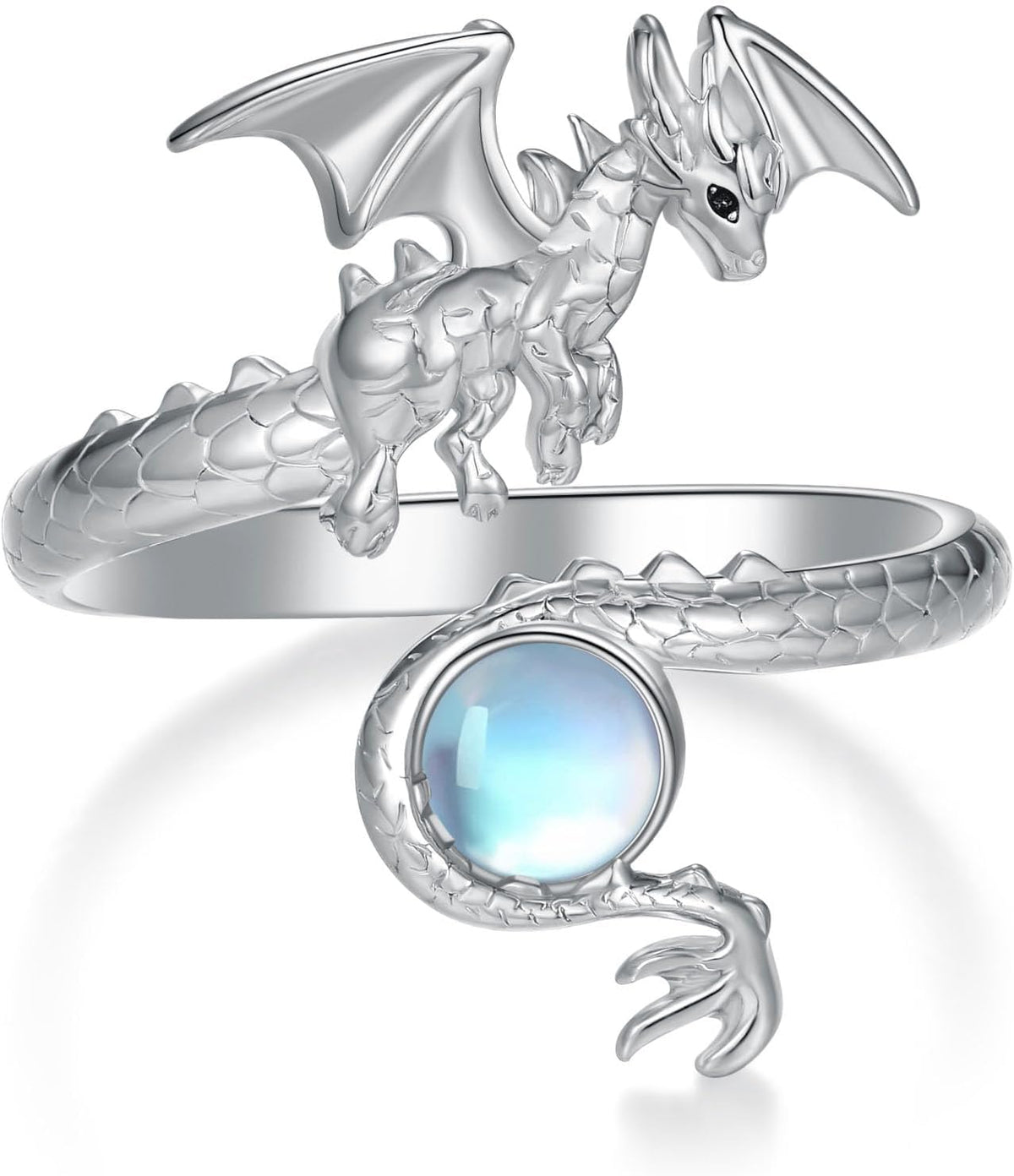 Women's Dragon Ring - 925 Sterling Silver Adjustable Band Wrapping a Moonstone, with Carved Scales and Claws - Standard