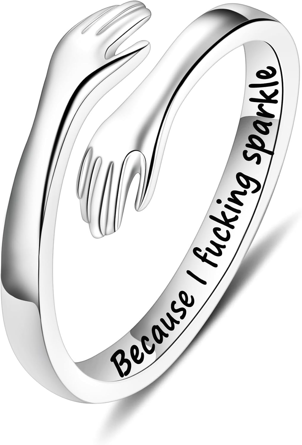 Women's 925 Sterling Silver Hug Ring - Adjustable Engraved Band with Hugging Hands for Mom, Sister and Teen Girls