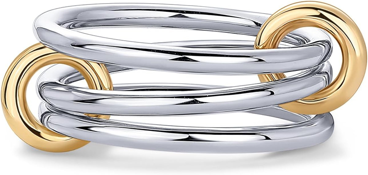 Women's Interlocked Stacking Ring - 14K Gold Plated Two Tone Connected Bands with Cubic Zirconia for a Layered Look - Pl