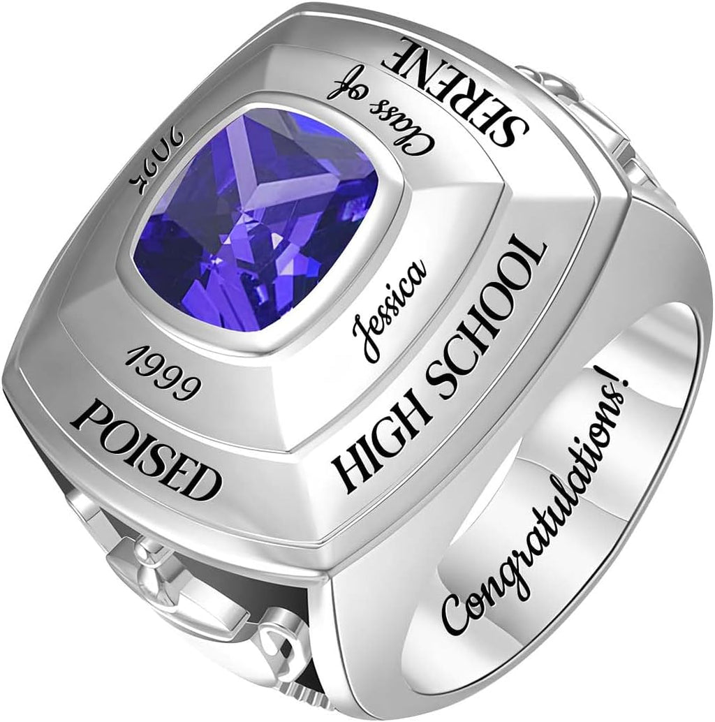 Custom Class Ring - Personalized Graduation Band with a Birthstone, Name and School Year for the Class of 2027 - Style 8