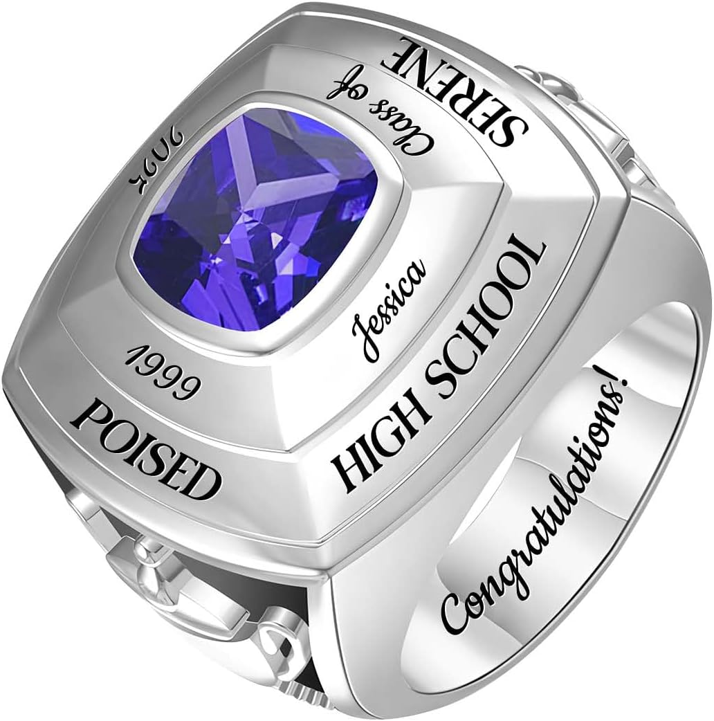 Custom Class Ring - Personalized Graduation Band with a Birthstone, Name and School Year for the Class of 2027 - Style 8