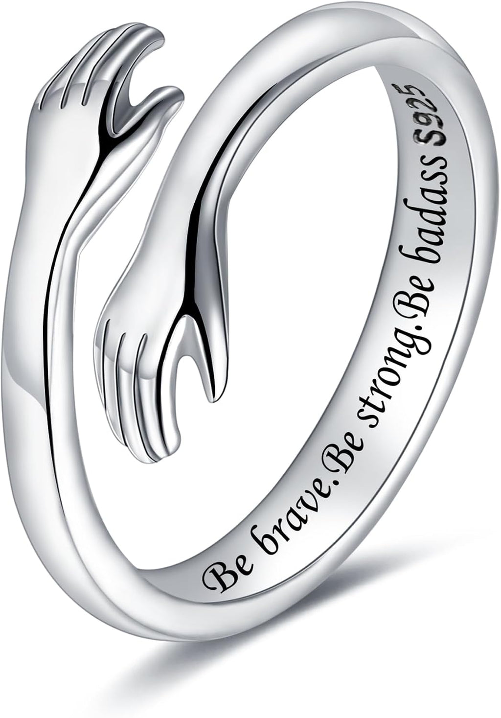 Women's 925 Sterling Silver Hug Ring - Adjustable Hands Band Engraved for Mom, Sister and Grandma in Sizes 6 to 8 - Ever