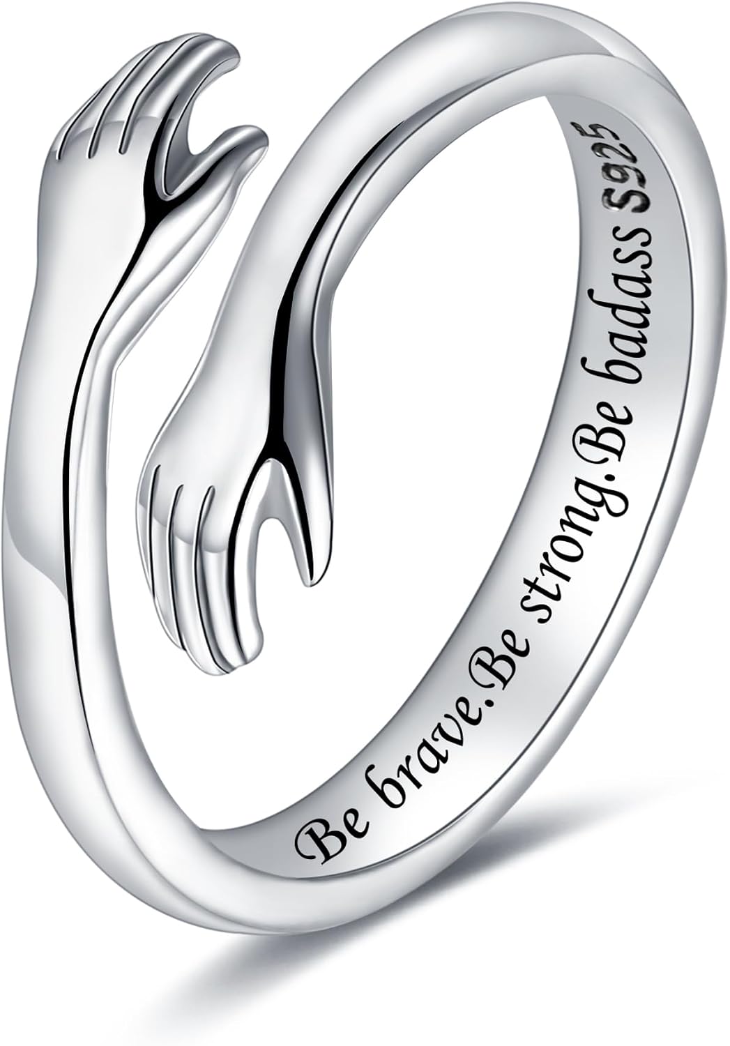 Women's 925 Sterling Silver Hug Ring - Adjustable Hands Band Engraved for Mom, Sister and Grandma in Sizes 6 to 8 - Ever