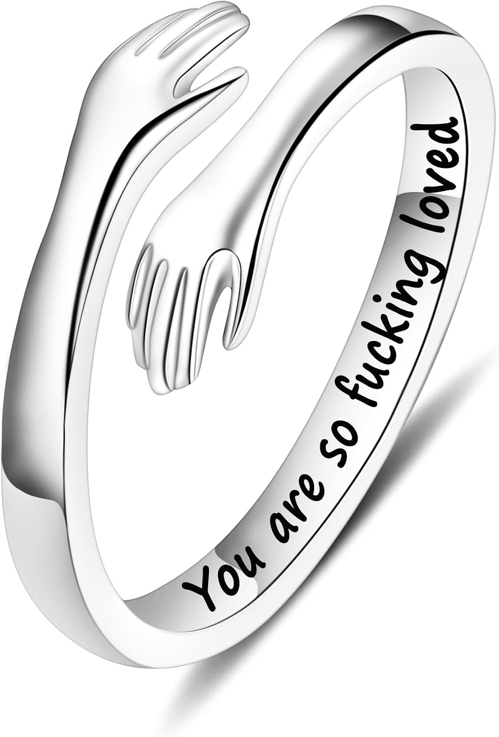 Women's 925 Sterling Silver Hug Ring - Adjustable Engraved Band with Hugging Hands for Mom, Sister and Teen Girls - Best