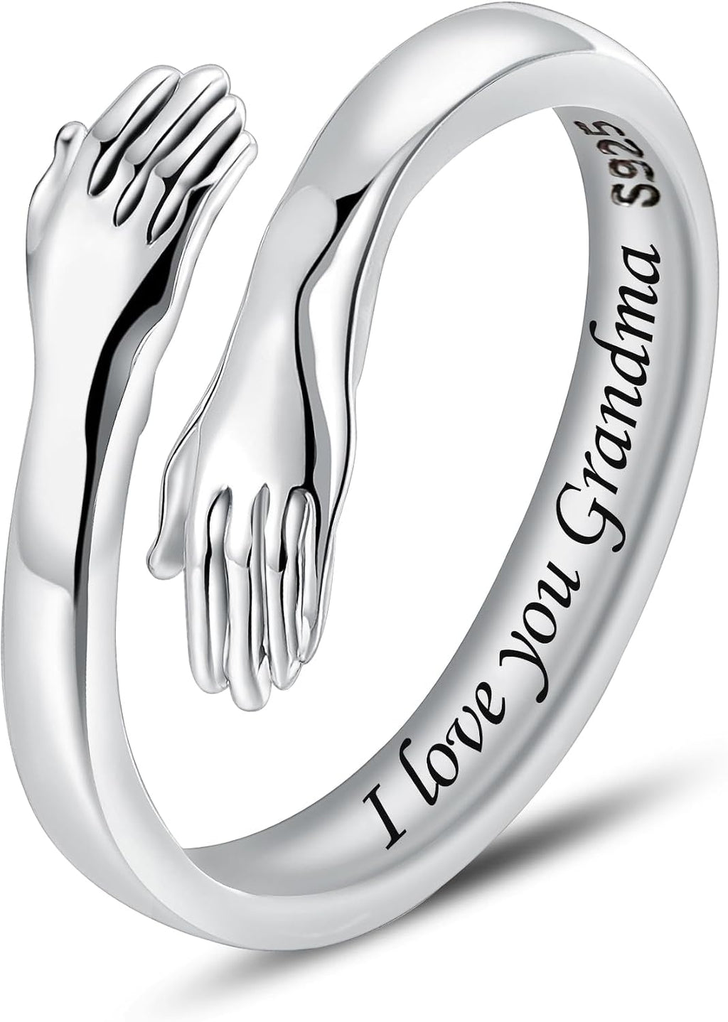 Women's 925 Sterling Silver Hug Ring - Adjustable Hands Band Engraved for Mom, Sister and Grandma in Sizes 6 to 8 - Alwa