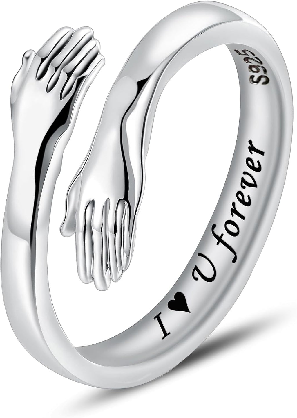 Women's 925 Sterling Silver Hug Ring - Adjustable Hands Band Engraved for Mom, Sister and Grandma in Sizes 6 to 8 - Gold