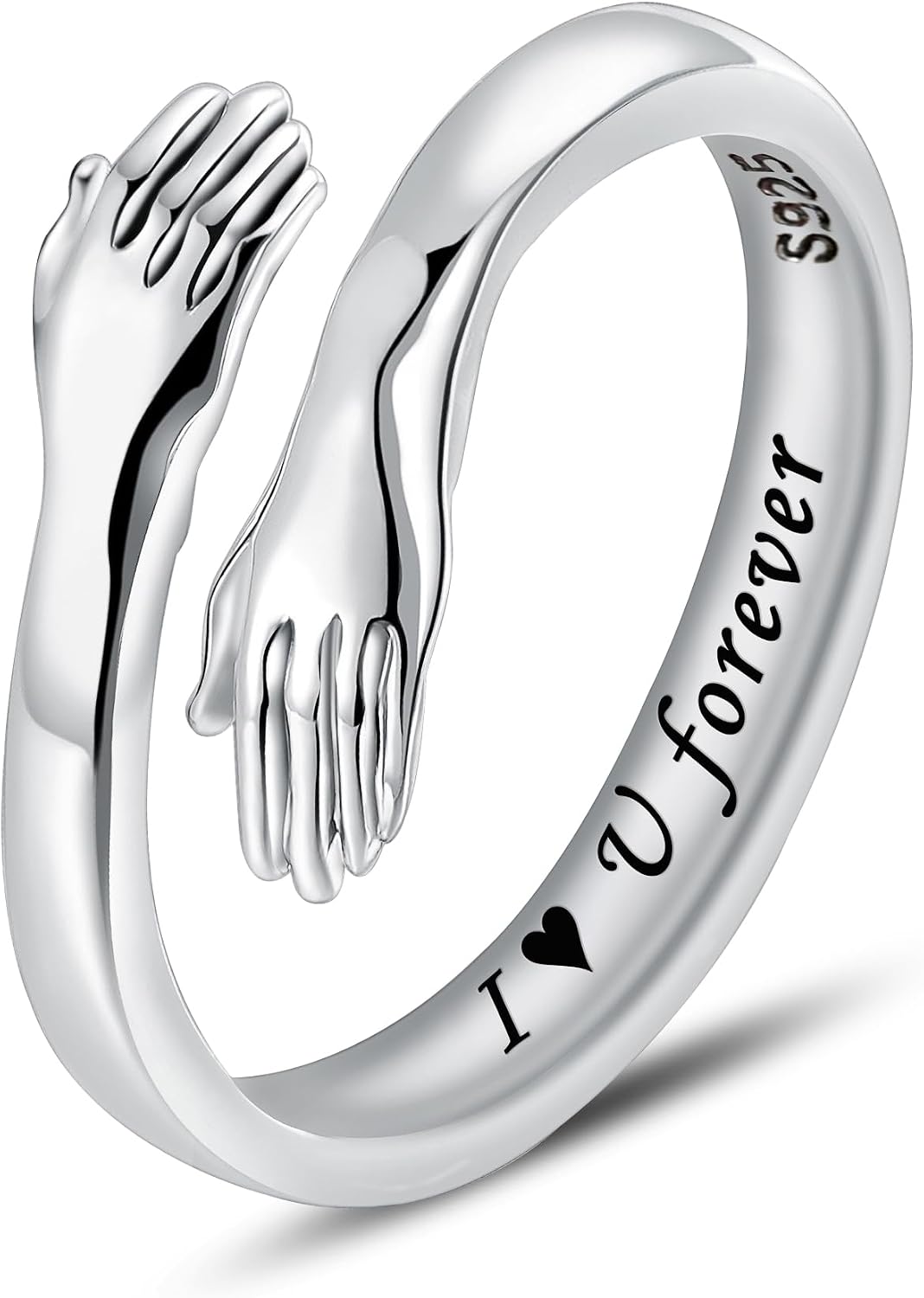 Women's 925 Sterling Silver Hug Ring - Adjustable Hands Band Engraved for Mom, Sister and Grandma in Sizes 6 to 8 - Gold