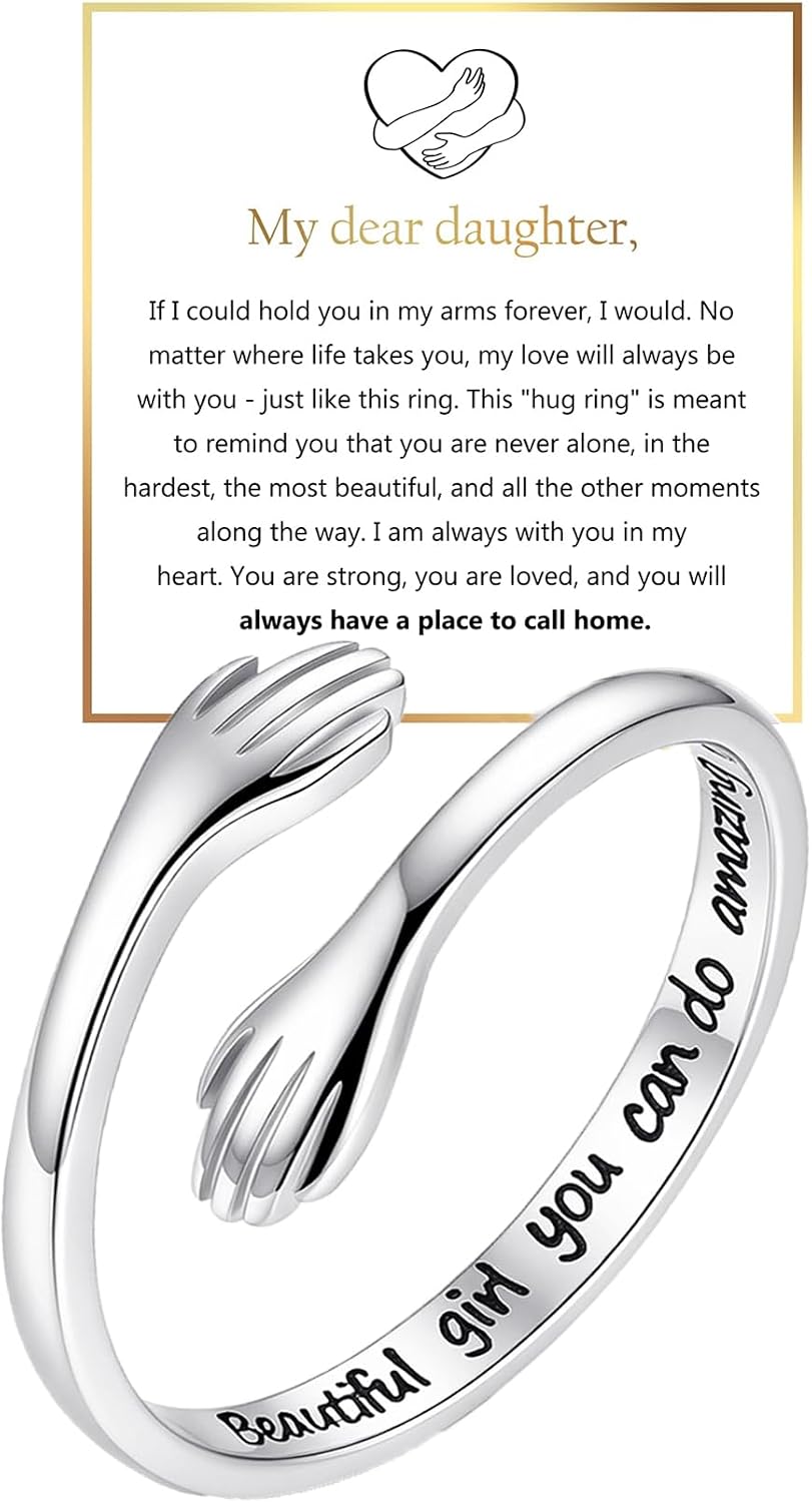 Granddaughter and Daughter Hug Ring - 925 Sterling Silver Adjustable Engraved Band as a Promise Gift from Grandma - for 