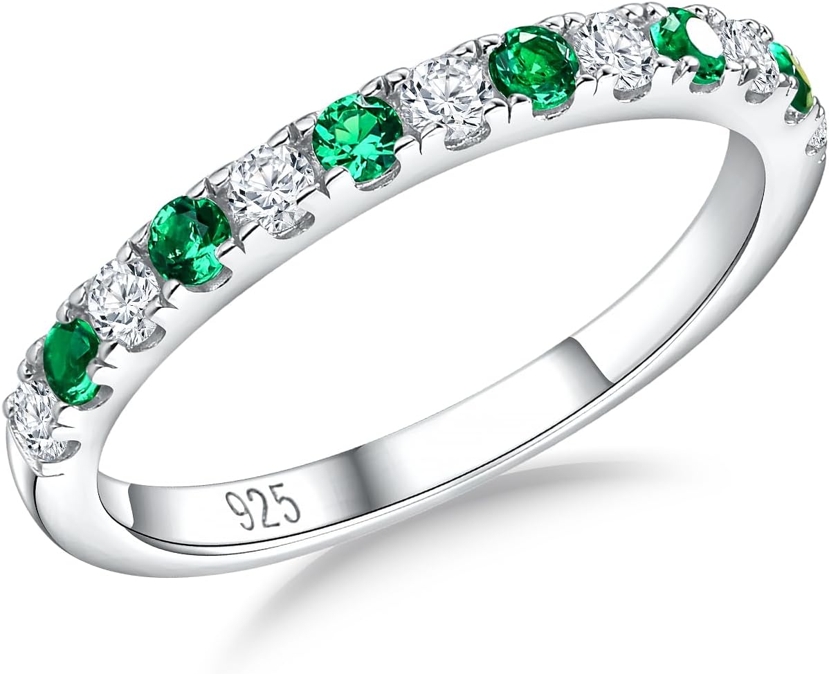 Women's Birthstone Half Eternity Band - 925 Sterling Silver 2.7 mm Ring with Created Gemstones in Sizes 6 to 10 - Amethy